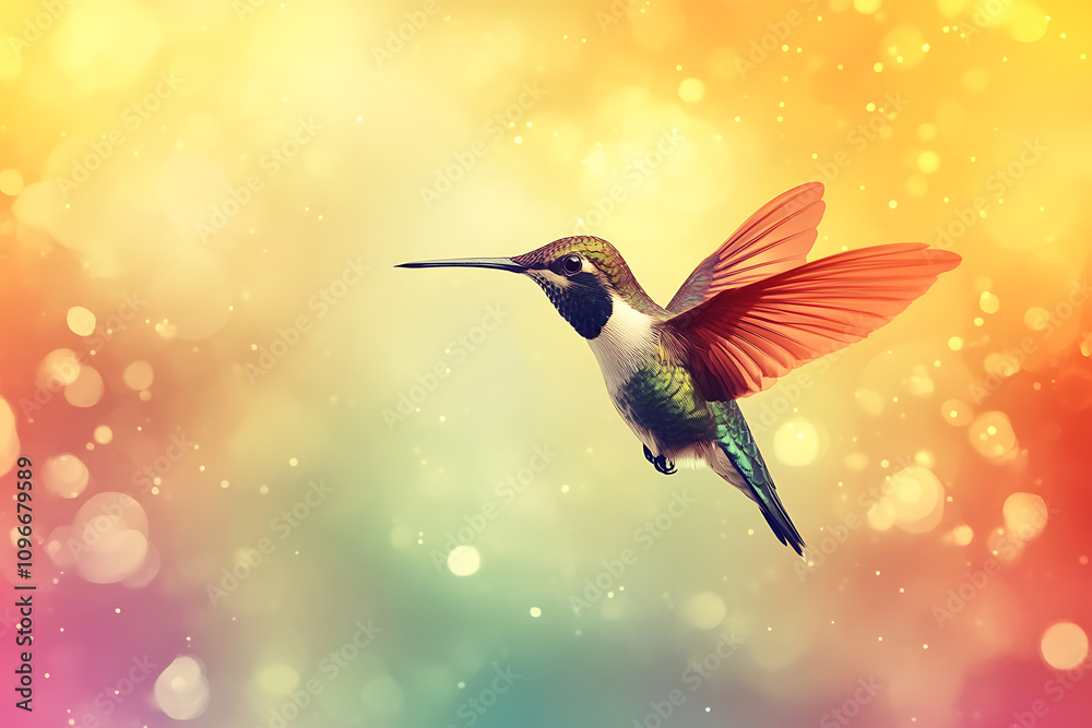 Fototapeta premium Abstract digital background featuring the image of a vibrant hummingbird in motion, surrounded by soft gradients and dynamic light effects.