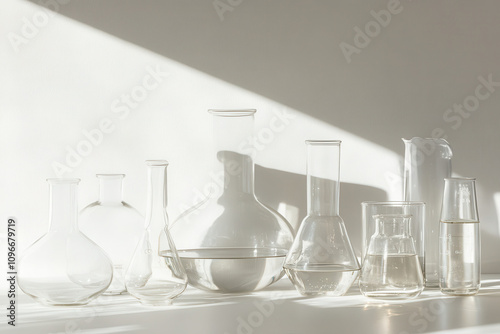 A collection of clear glass laboratory equipment arranged elegantly in soft light. photo