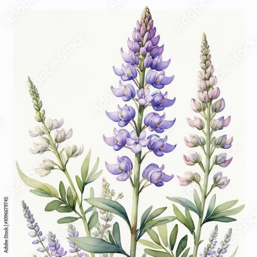 Elegant Watercolor Lupine Flowers Botanical Illustration Spring Blooms