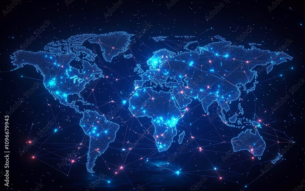 Digital world map with illuminated virtual network pathways on a dark background, 3D rendering, cyber world concept Digital world map with illuminated virtual network pathways on a dark background, 3D rendering, cyber world concept