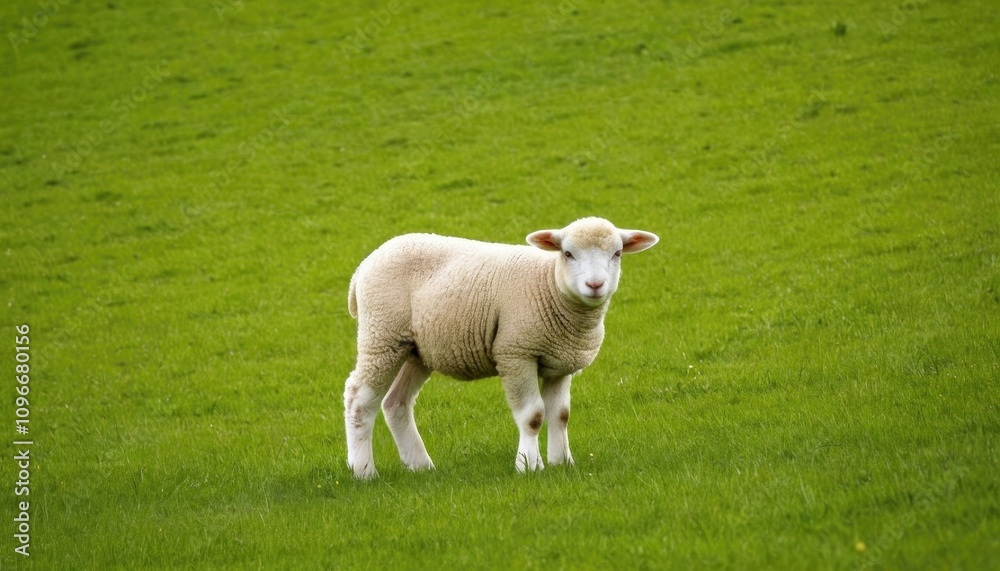 A fluffy lamb grazing peacefully in a green pasture A fluffy lamb grazing peacefully in a green pasture