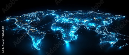 Fototapeta Naklejka Na Ścianę i Meble -  Futuristic world map with glowing network connections, dark background, 3D rendering, virtual global technology theme
