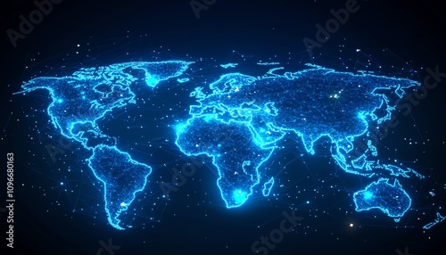 Global digital world map with glowing network lines on a dark background, 3D rendering, hightech virtual network