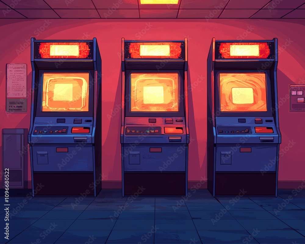 A nostalgic scene featuring three retro arcade machines, illuminated by warm orange lights, set against a softly colored background. A nostalgic scene featuring three retro arcade machines, illuminated by warm orange lights, set against a softly colored background.