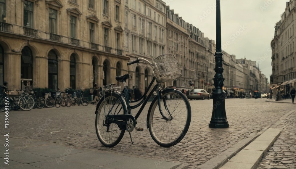 A bicycle leaning against a lamppost in a bustling city street A bicycle leaning against a lamppost in a bustling city street