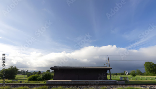 Clouds roll over a quiet rural train station on a bright, partly cloudy day, timelapse isolated highlighted by white, png photo