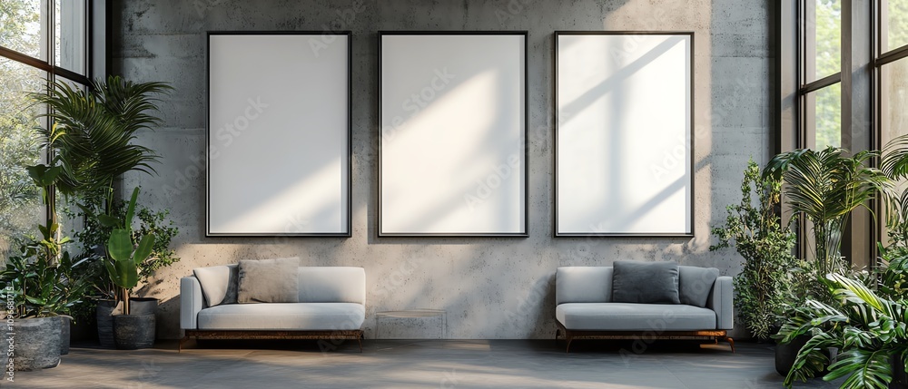 Three pristine white posters displayed in a modern office lobby, concrete wall backdrop with office furniture, branding concept, 3D rendering Three pristine white posters displayed in a modern office lobby, concrete wall backdrop with office furniture, branding concept, 3D rendering