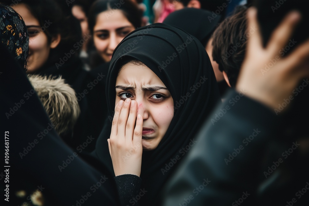An Iranian girl crying in the crowd of people, wearing a black hijab and veil covering her face. An Iranian girl crying in the crowd of people, wearing a black hijab and veil covering her face.