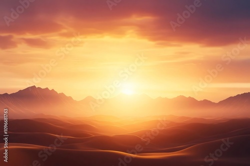 Stunning Golden Sunset Over Vast Desert Landscape with Dramatic Skies and Distant Mountain Peaks