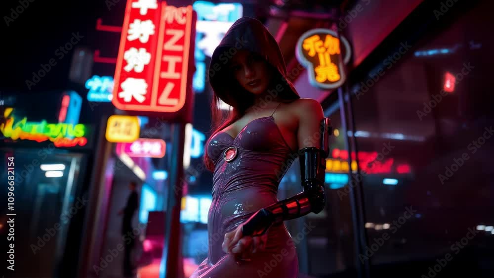 Cyberpunk: a girl in a red dress on the street of a night city with a bionic arm prosthesis in neon light. Futuristic city.
Cyberpunk: a girl in a red dress on the street of a night city with a bionic arm prosthesis in neon light. Futuristic city.