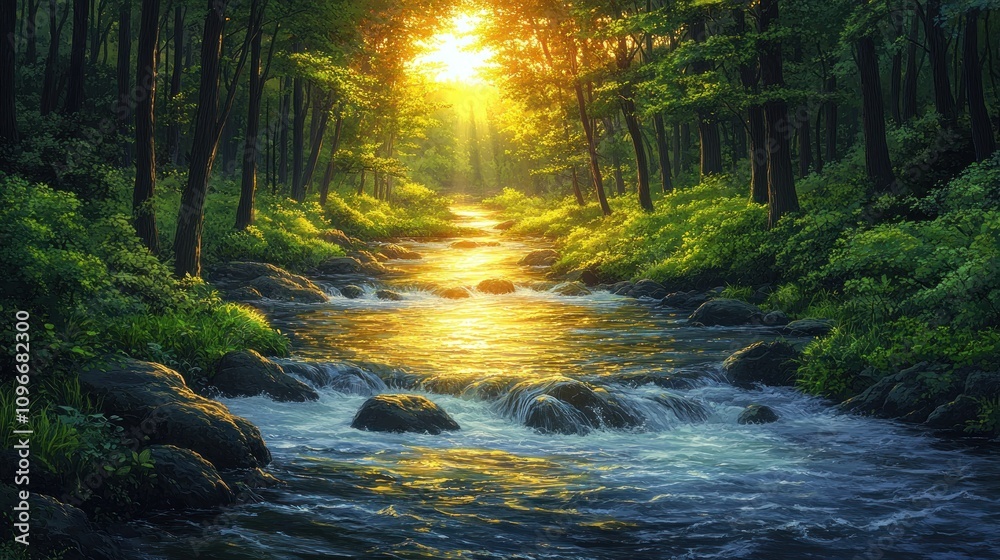 Obraz premium Serene Sunset Stream: A Golden River Flows Through Lush Forest