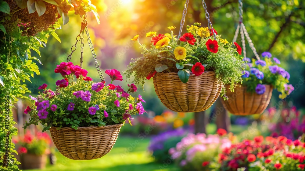 Cozy Summer Garden with Hanging Floral Baskets and Vibrant Blooms, botanical beauty, floral displays, outdoor decor, ornamental plants, hanging floral baskets Cozy Summer Garden with Hanging Floral Baskets and Vibrant Blooms, botanical beauty, floral displays, outdoor decor, ornamental plants, hanging floral baskets