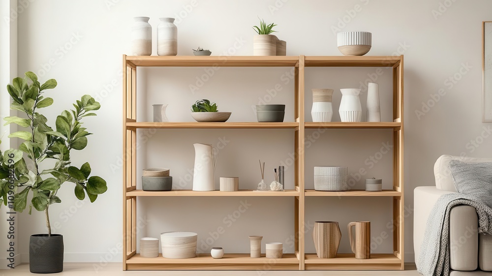 Fototapeta premium A modern wooden shelf displays various decorative items, including pots, vases, and plants, creating a stylish and organized living space.