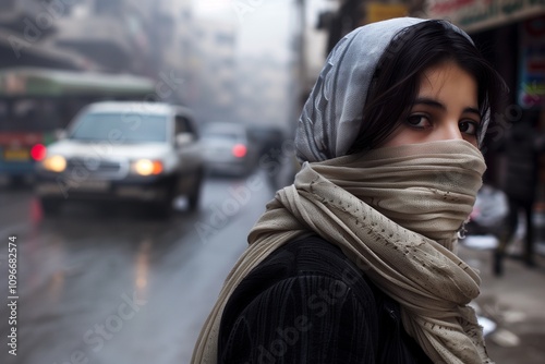 A Muslim woman walks on the street in Rafah, Gaza as an ice storm rages outside. The cold weather has knocked out power, and schools have been closed for several days to keep people warm and safe photo