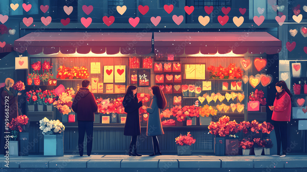 A bright cartoon-style illustration of a bustling Valentine's Day marketplace with colorful booths selling flowers, chocolates, and love letters, all surrounded by happy couples.