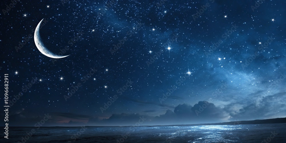 Dark blue background with twinkling stars and a crescent moon, dark skies, space scene