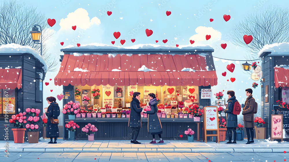 A bright cartoon-style illustration of a bustling Valentine's Day marketplace with colorful booths selling flowers, chocolates, and love letters, all surrounded by happy couples.