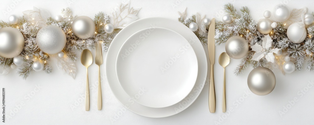 A festive table setting featuring a white plate, gold cutlery, and elegant decorations with silver and gold ornaments. A festive table setting featuring a white plate, gold cutlery, and elegant decorations with silver and gold ornaments.