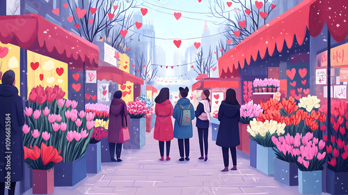 A bright cartoon-style illustration of a bustling Valentine's Day marketplace with colorful booths selling flowers, chocolates, and love letters, all surrounded by happy couples.