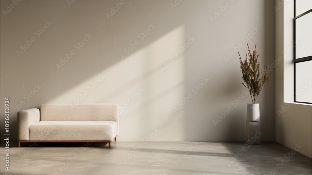 Fototapeta premium Minimalist Living Room: A serene and modern living room with a plush white sofa, a potted plant, and a large window that casts a soft, natural light.