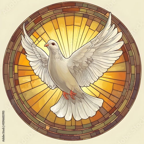 White dove with outstretched wings in stained glass. Symbol of peace, hope, and spirit.