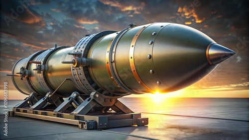 A large, unpainted, metallic weapon rests on a metallic launch platform, with the sun setting in the background. photo