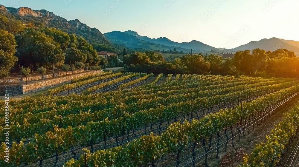 Fototapeta premium Lush vineyard landscape at sunset with mountains in the background and rows of grapevines.