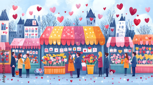 A bright cartoon-style illustration of a bustling Valentine's Day marketplace with colorful booths selling flowers, chocolates, and love letters, all surrounded by happy couples.