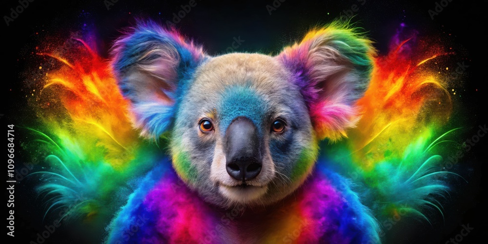 A colorful explosion of vibrant hues surrounds a cute koala, creating a captivating and vibrant scene. A colorful explosion of vibrant hues surrounds a cute koala, creating a captivating and vibrant scene.