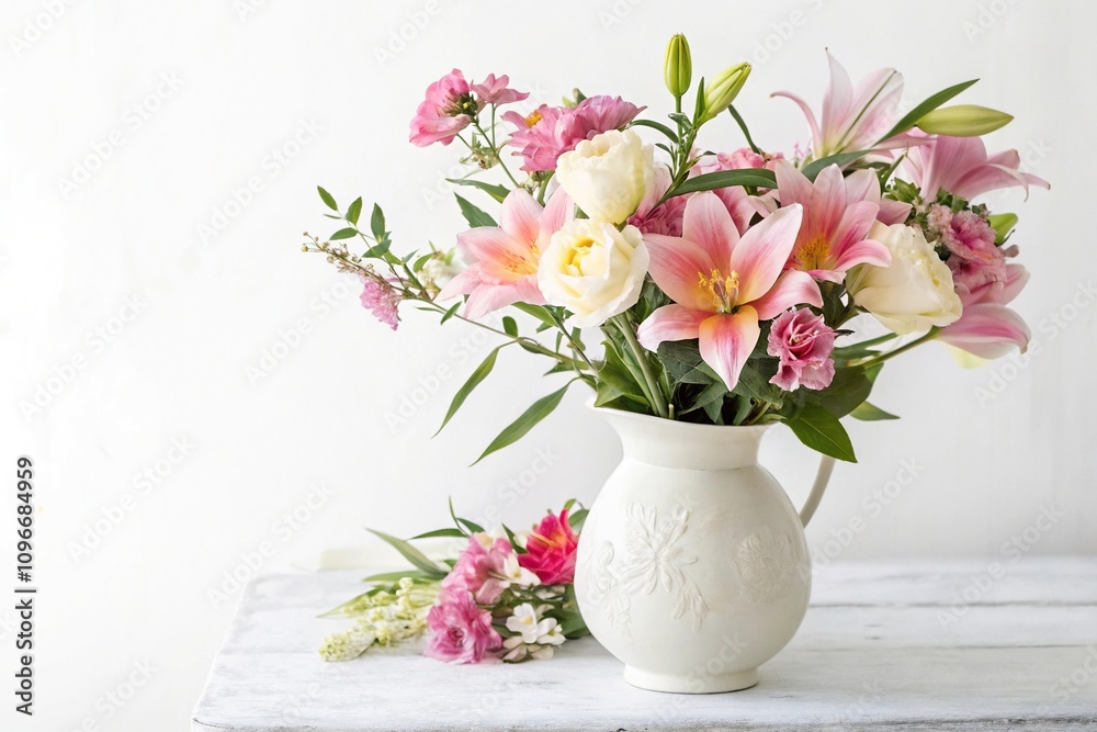 Delicate watercolor blooms in a soft, white vase, garden decor, floral arrangement, garden inspiration, floral illustration Delicate watercolor blooms in a soft, white vase, garden decor, floral arrangement, garden inspiration, floral illustration