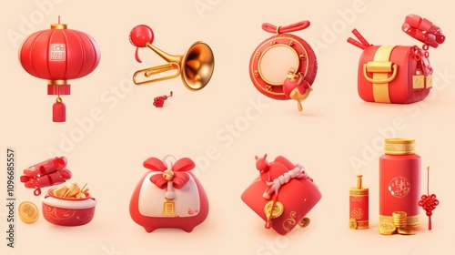 Spring Festival themed 3D icon design set featuring gold ingots, money bags, firecrackers, trumpets, red envelopes, fans, Chinese knots, and other festive symbols in a cute cartoon style with matte cl