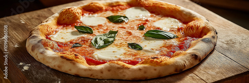 A delicious Margherita pizza showcases a classic Italian culinary masterpiece, topped with fresh basil leaves, rich tomato sauce, and melted mozzarella cheese.