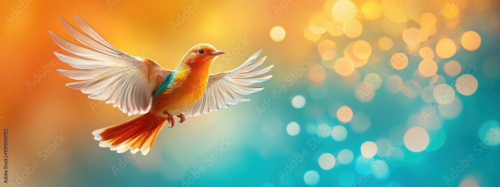 Vibrant Orange Bird in Flight Against a Soft Bokeh Background of Blue and Orange Tones, Capturing the Essence of Freedom and Natural Beauty Vibrant Orange Bird in Flight Against a Soft Bokeh Background of Blue and Orange Tones, Capturing the Essence of Freedom and Natural Beauty