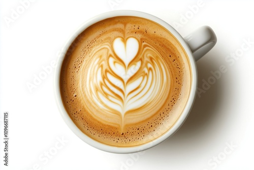 Creamy cappuccino with heart-shaped latte art, served in a white cup on a clean white background, providing a cozy beverage experience