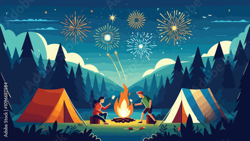 illustration of atmosphere at a campsite in the forest with a campfire in the middle, some teenagers set fire to the marshmallow, two tents on either side and fireworks in the sky