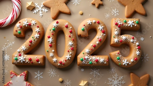 New Year card. The figures of the year 2025 are made of gingerbread decorated with icing. The background is brown with stars