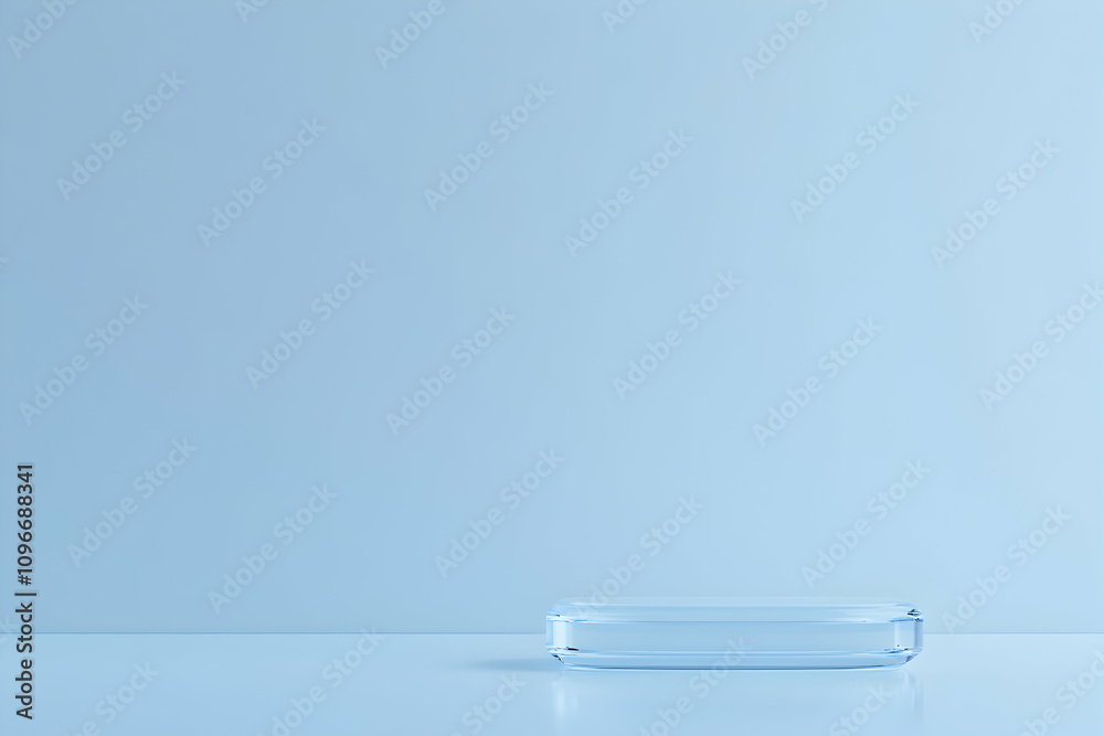 Minimalist product display featuring a clear glass rectangular dish against a light blue background. Perfect for showcasing cosmetics, jewelry, or other small items. Minimalist product display featuring a clear glass rectangular dish against a light blue background. Perfect for showcasing cosmetics, jewelry, or other small items.