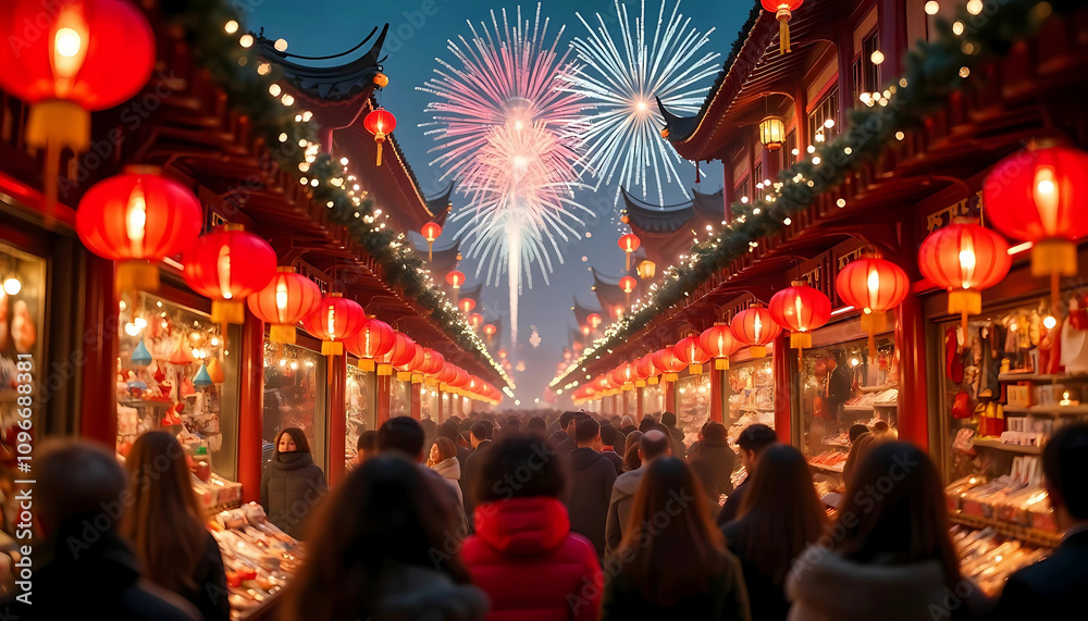 Fototapeta premium Lantern-lit street market with fireworks display 