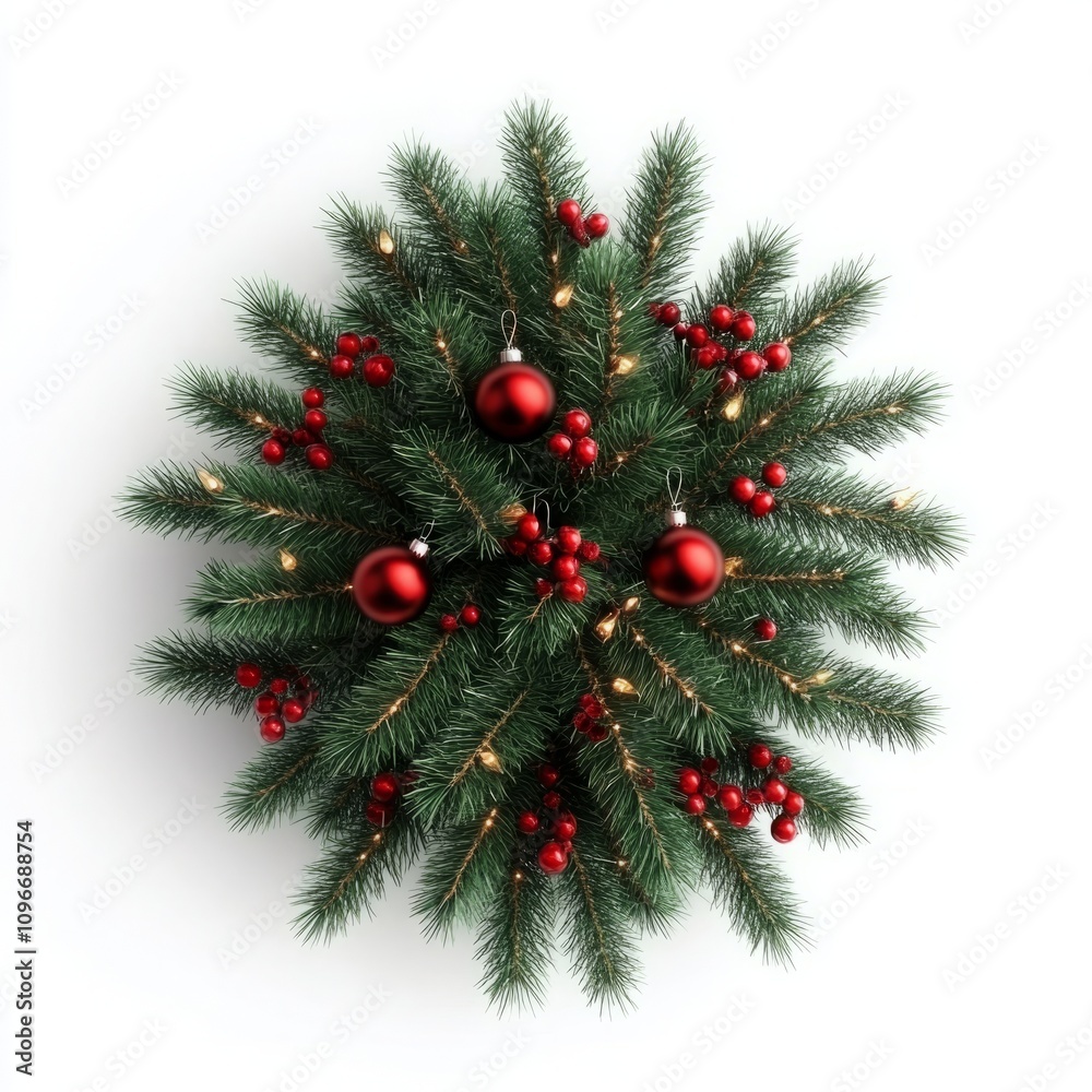 Top view of a beautifully decorated Christmas fir tree, adorned with sparkling ornaments, ribbons, and a star on top, isolated on a clean white background, perfect for holiday-themed designs. Top view of a beautifully decorated Christmas fir tree, adorned with sparkling ornaments, ribbons, and a star on top, isolated on a clean white background, perfect for holiday-themed designs.