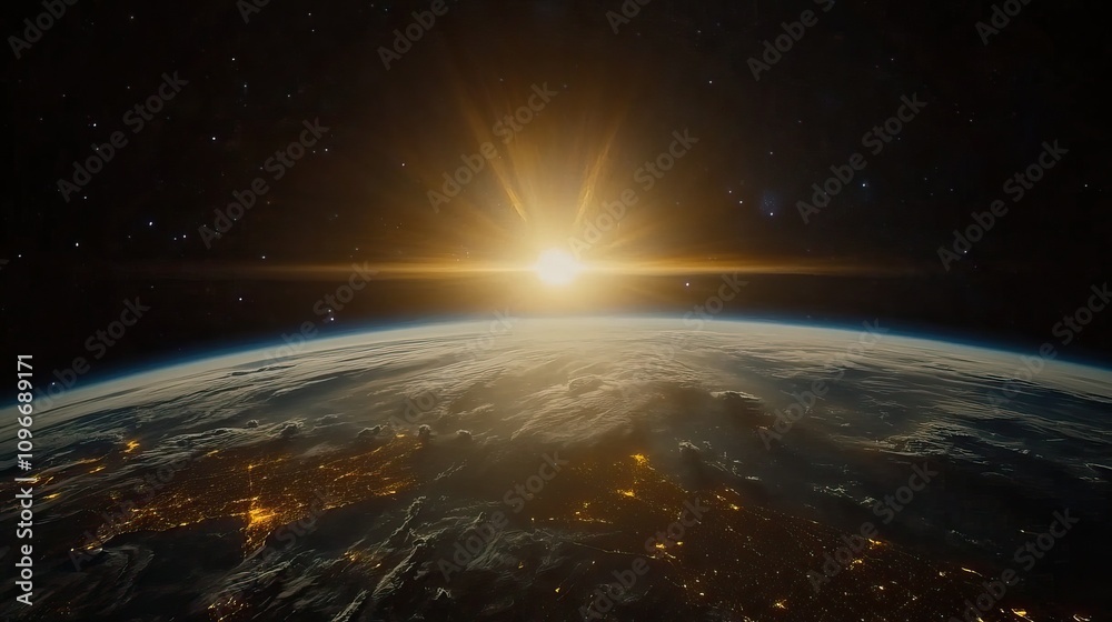 Obraz premium Abstract cosmic views of Earth and space at sunrise. Background for Wallpaper. AI generated image