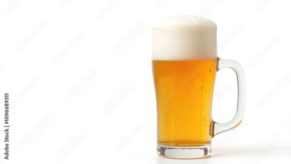 Glass of fresh beer with thick foam cap isolated on white background, cold, alcohol, beverage Glass of fresh beer with thick foam cap isolated on white background, cold, alcohol, beverage