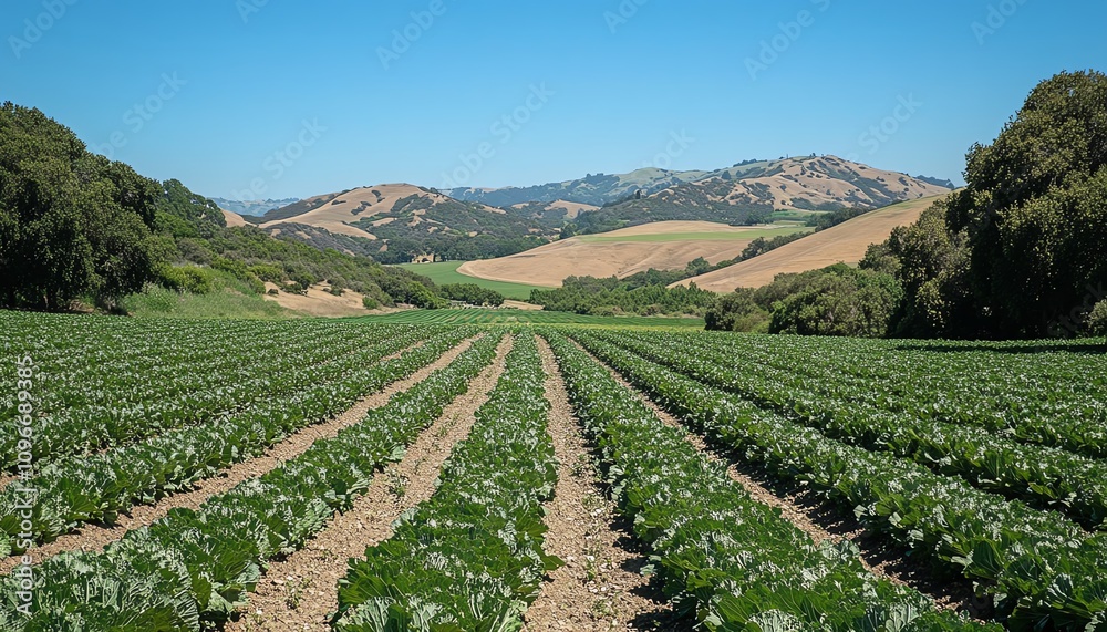 Picturesque cabbage field rows of healthy cabbages in a peaceful rural setting, with wide open skies and rolling hills in the distance Picturesque cabbage field rows of healthy cabbages in a peaceful rural setting, with wide open skies and rolling hills in the distance