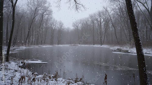 Zimowy krajobraz z lasem pokrytym śniegiem, z jeziorem odbijającym mroźną aurę, emanuje ciszą i harmonią.