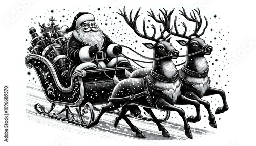 Santa Claus Riding in His Sleigh with Reindeer