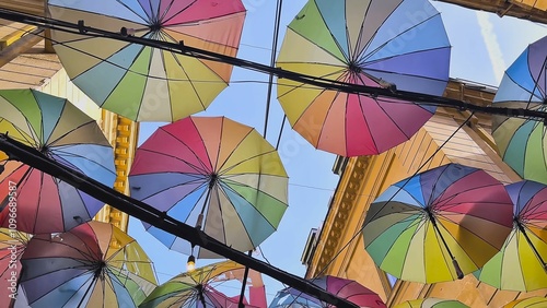 A narrow street covered by colorful umbrellas or parasols, Umbrella Street of Bucharest, Romania, Feb 2024