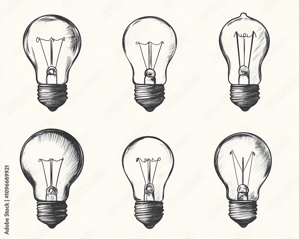 Set of creative handdrawn light bulb icons, each symbolizing different aspects of innovation and problemsolving with a light, sketchy design Set of creative handdrawn light bulb icons, each symbolizing different aspects of innovation and problemsolving with a light, sketchy design