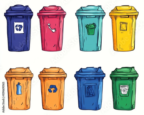 Simple, vibrant doodle of multicolored containers for waste sorting, with a minimalist approach and distinct colors for each bin category