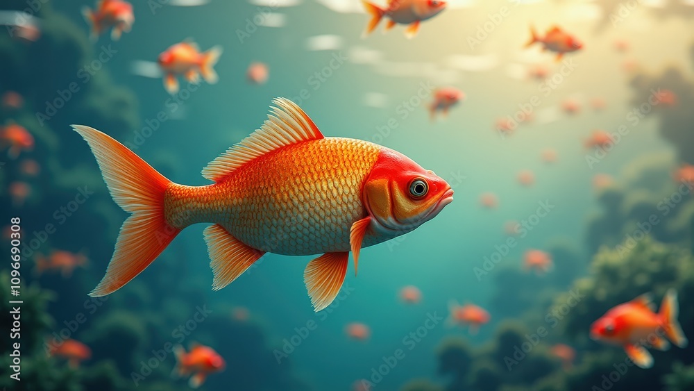 A fish swimming against the current in a stream of arrows.
A fish swimming against the current in a stream of arrows.