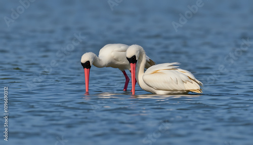 Black-Faced Spoonbills Grooming by Water isolated highlighted by white, png photo