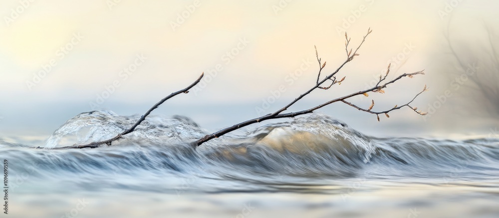 Obraz premium Gentle Waves Flowing Over Twigs in Serene Natural Landscape with Soft Pastel Colors and Tranquil Atmosphere